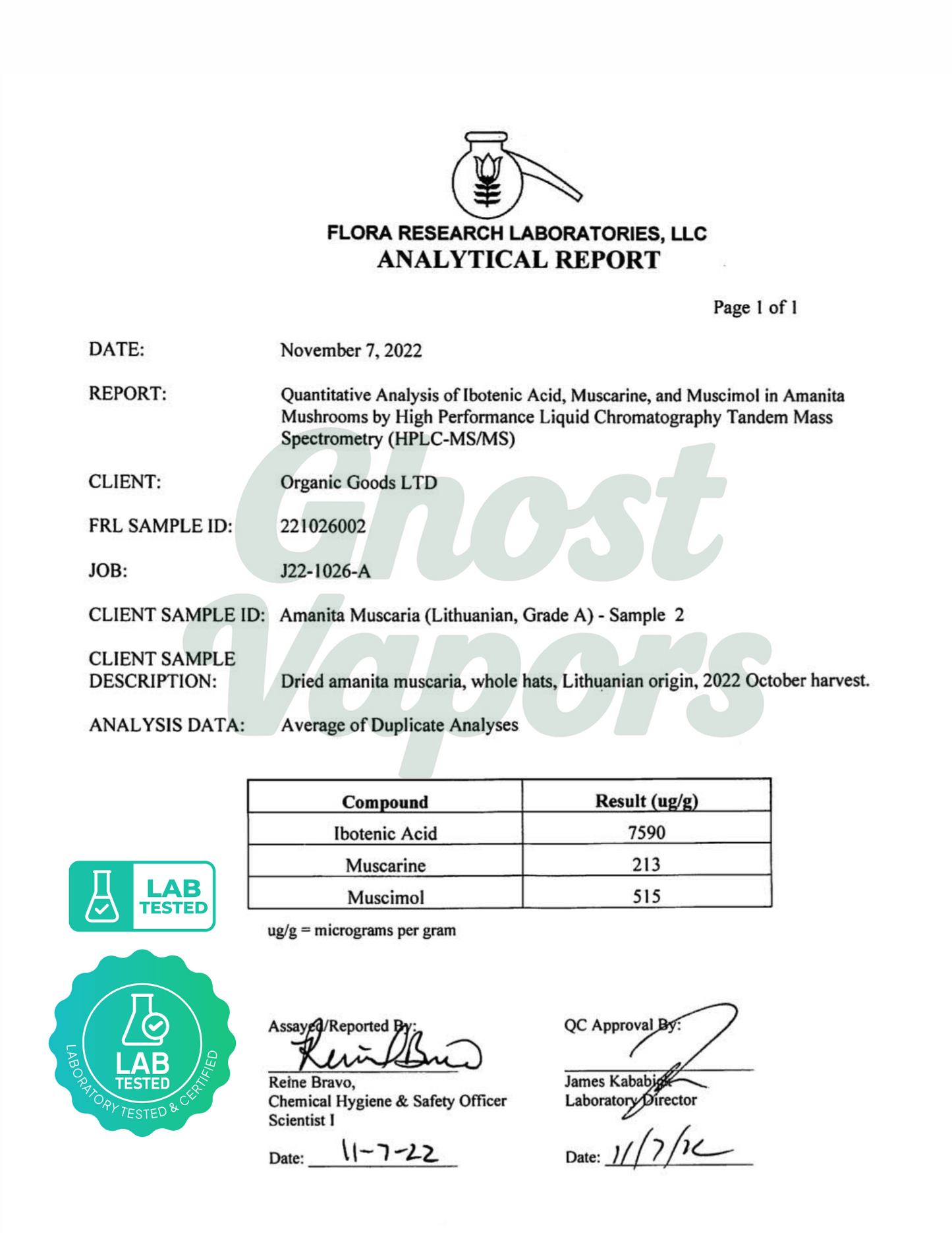 Flora Research Laboratories analytical report for Amanita mushrooms with test results.