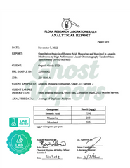 Flora Research Laboratories analytical report for Amanita mushrooms with test results.