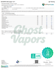 Certificate of Analysis for 'Ghost Vapors' with lab testing details and branding.