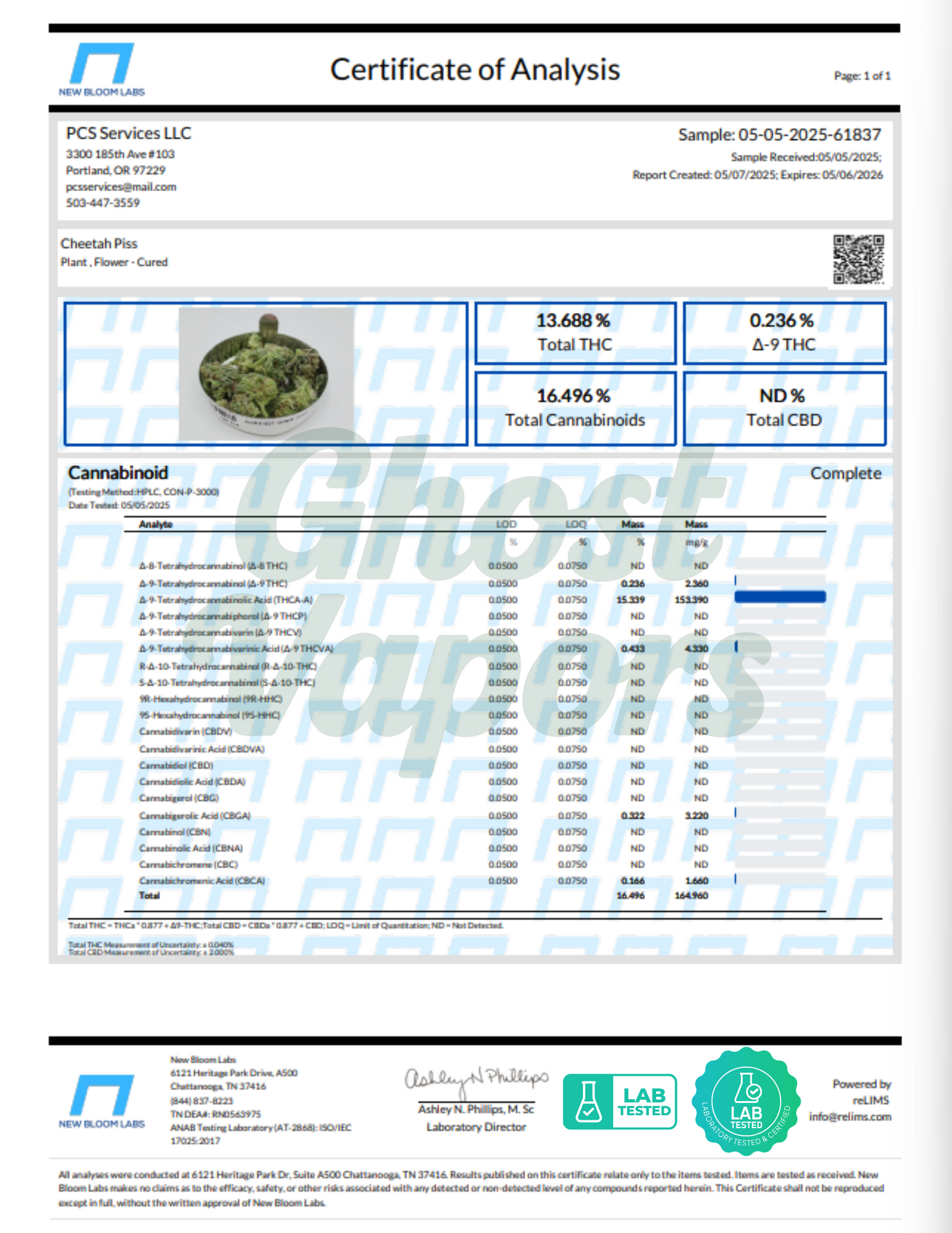 Certificate of Analysis for a cannabis sample with test results.