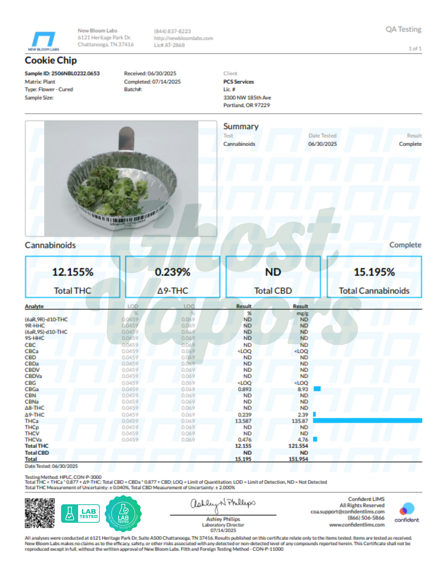 Lab test result for cannabis product with detailed cannabinoid analysis.