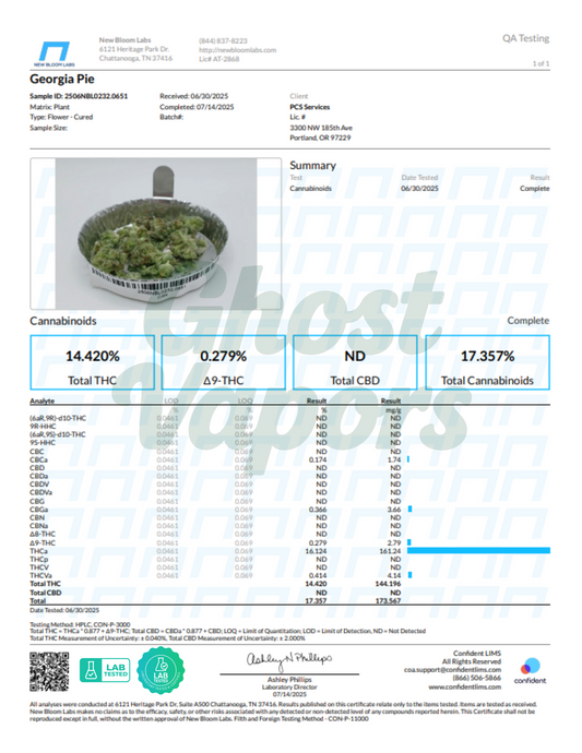 Lab test result for cannabis with a photo of a cannabis flower.