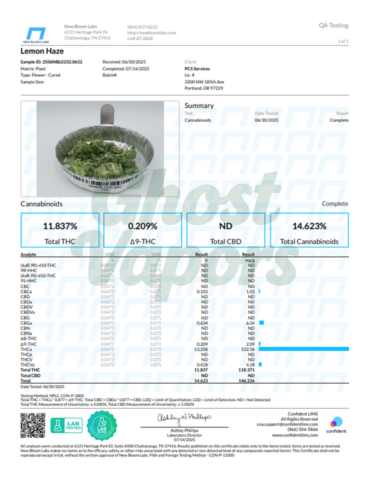 Lab test result for a cannabis sample with visible branding and text.
