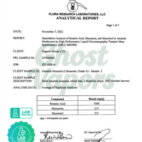 Flora Research Laboratories analytical report for Amanita mushrooms with test results.