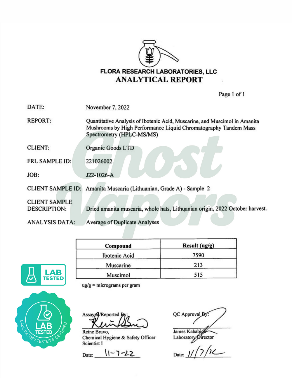 Flora Research Laboratories analytical report for Amanita mushrooms with test results.