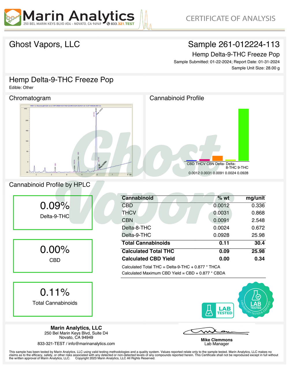 Certificate of Analysis for Hemp Delta-9-THC Freeze Pop from Ghost Vapors, LLC.
