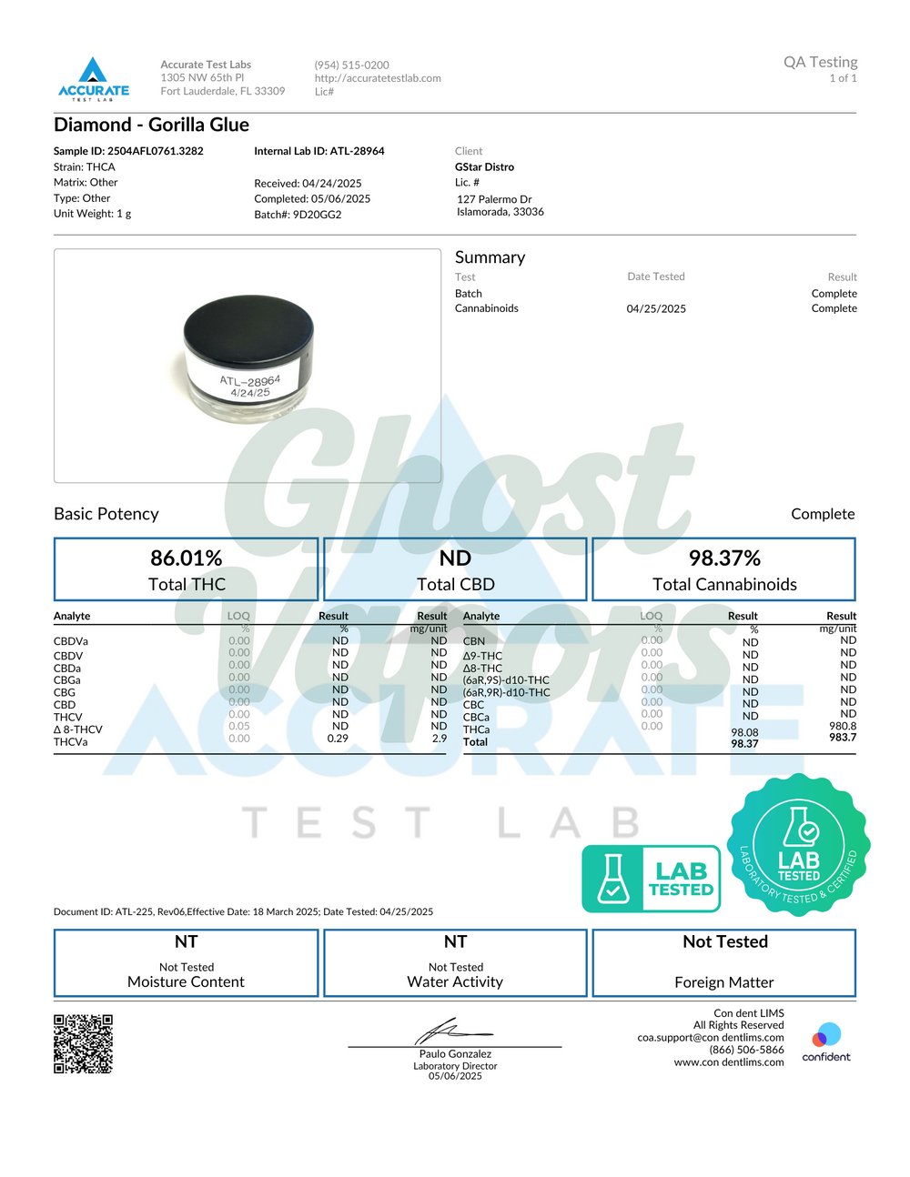Lab test report for Diamond Gorilla Glue with product image and lab branding.