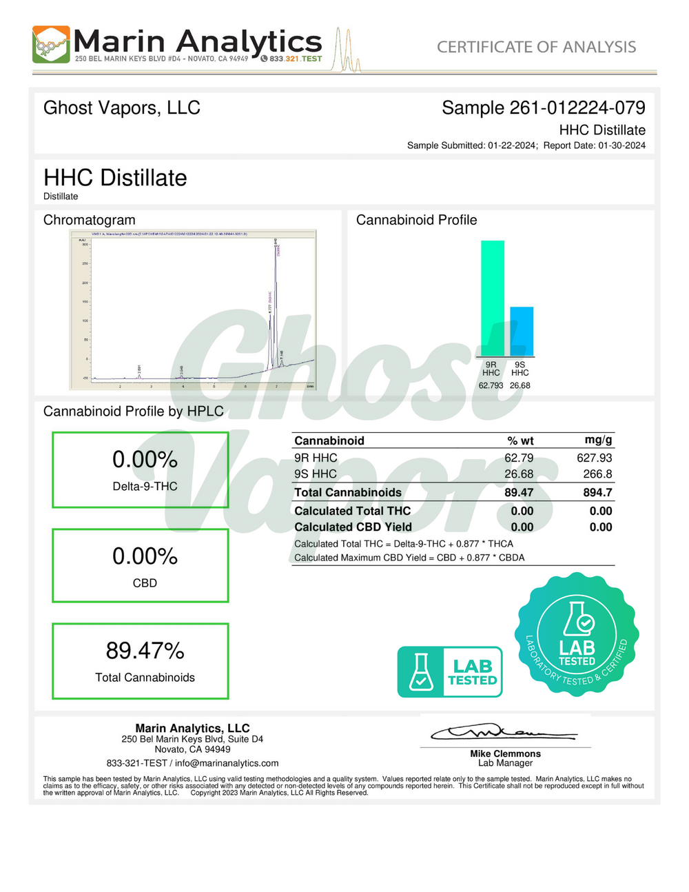 Certificate of Analysis for HHC Distillate from Ghost Vapors, LLC, with cannabinoid profile details.