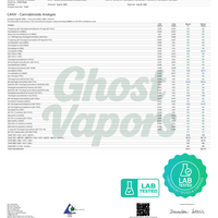 Lab test report for 'Ghost Vapors' with certification logos and text.