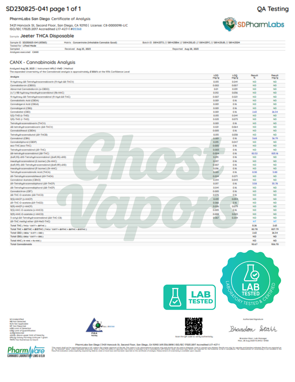 Lab test report for 'Ghost Vapors' with certification logos and text.