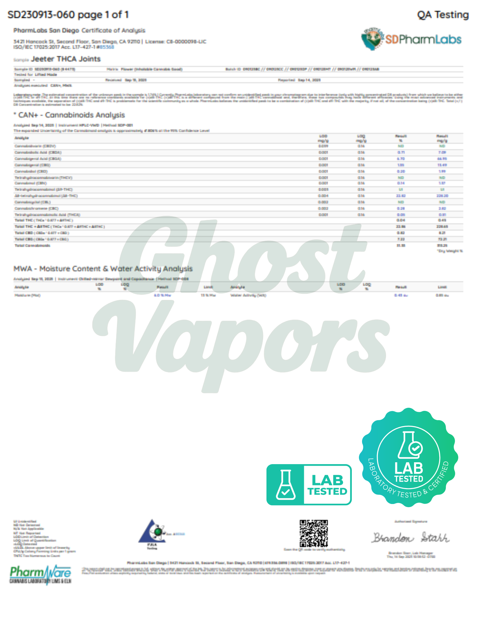 Certificate of Analysis for 'Ghost Vapors' with lab testing details and branding.
