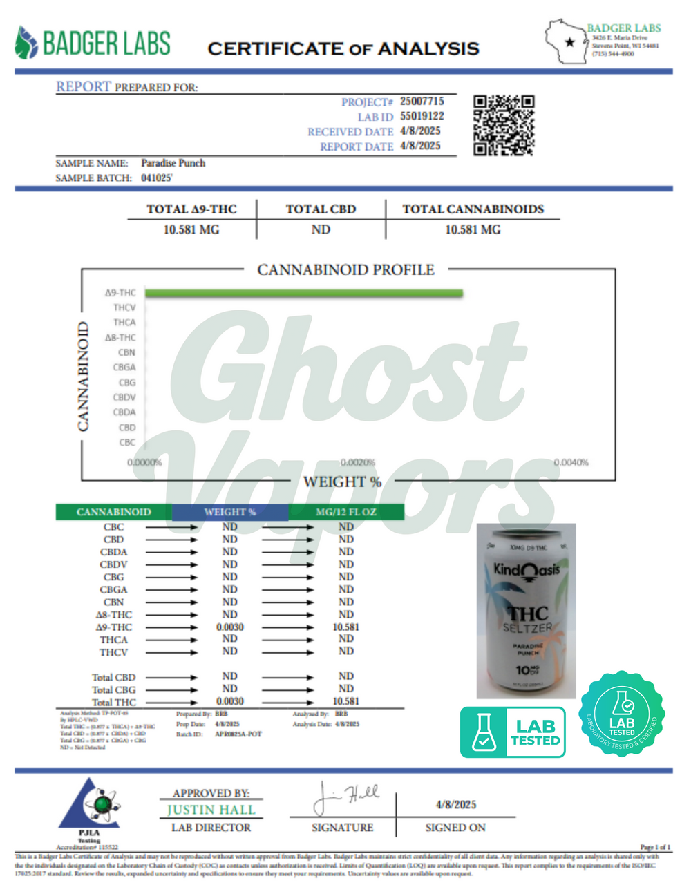 Certificate of Analysis from Badger Labs for a product labeled 'Ghost Vapors'.