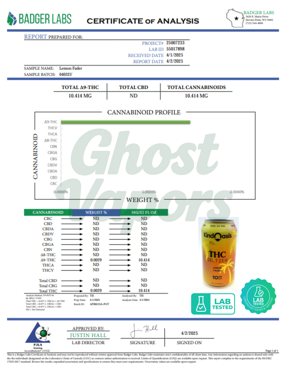 Certificate of Analysis from Badger Labs for a cannabis product labeled 'Ghost Vaporz'.