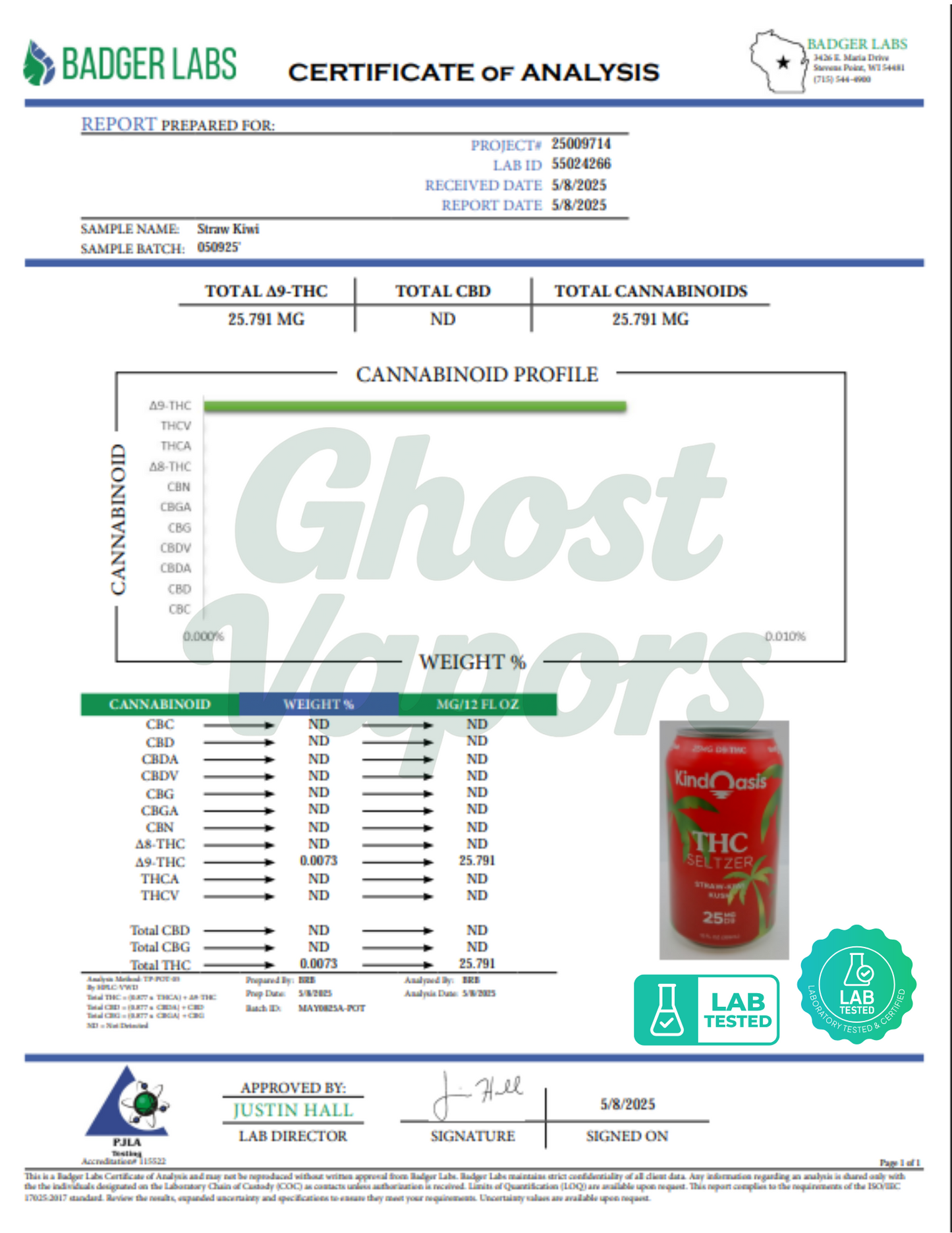 Cannabis lab report with 'Ghost Vapors' branding and product image.