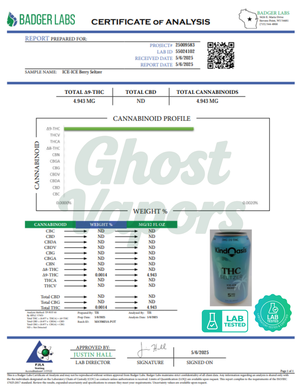 Certificate of Analysis from Badger Labs for a THC product with Ghost Vapor's branding.