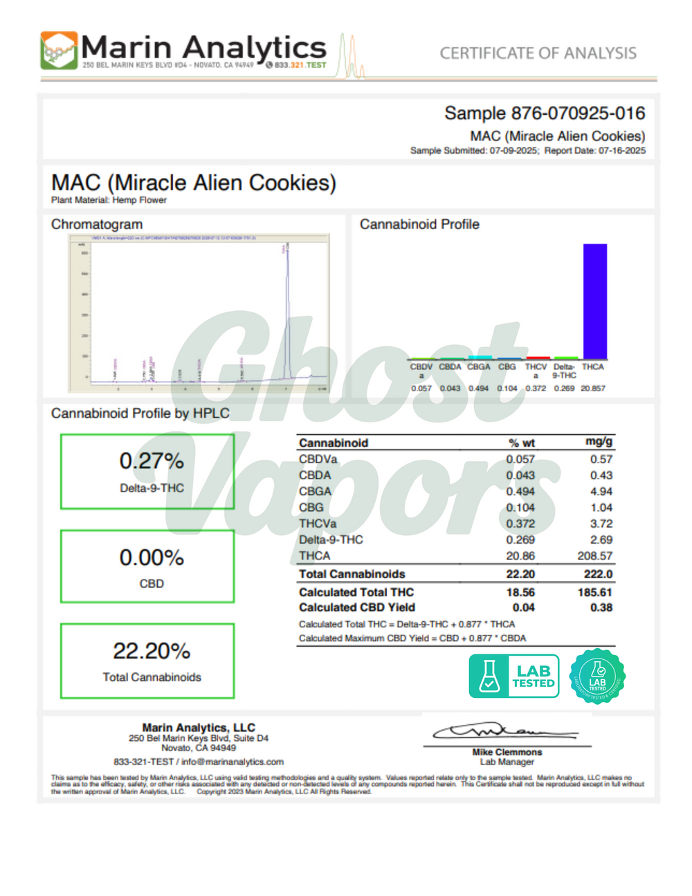 Marin Analytics certificate of analysis for Miracle Alien Cookies with cannabinoid profile details.