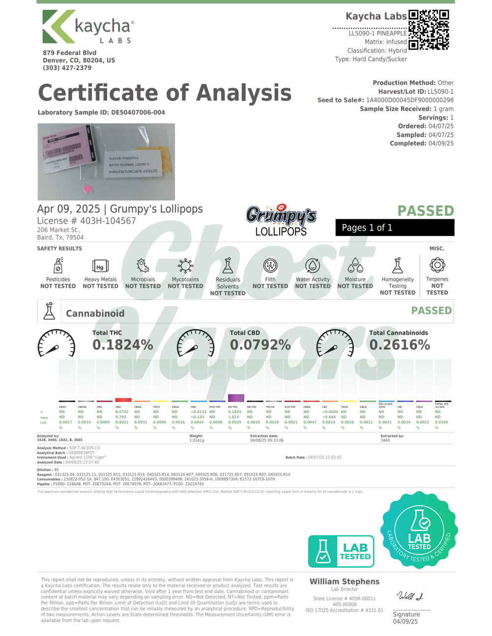 Certificate of Analysis from Kaycha Labs for Grumpy's Lollipops with product branding and lab testing details.