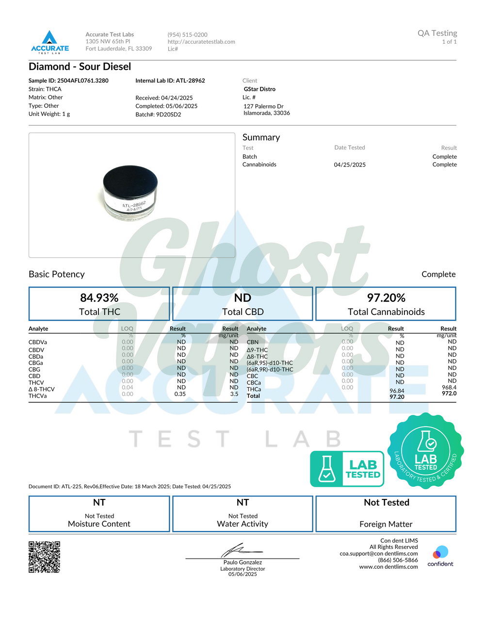 Test lab report for Diamond Sour Diesel with Ghost Lab branding.