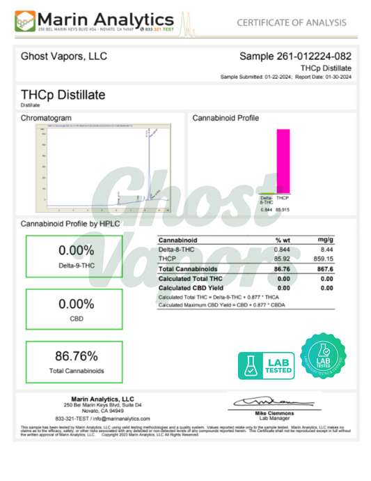 Marin Analytics THCp Distillate certificate of analysis for Ghost Vapors, LLC.