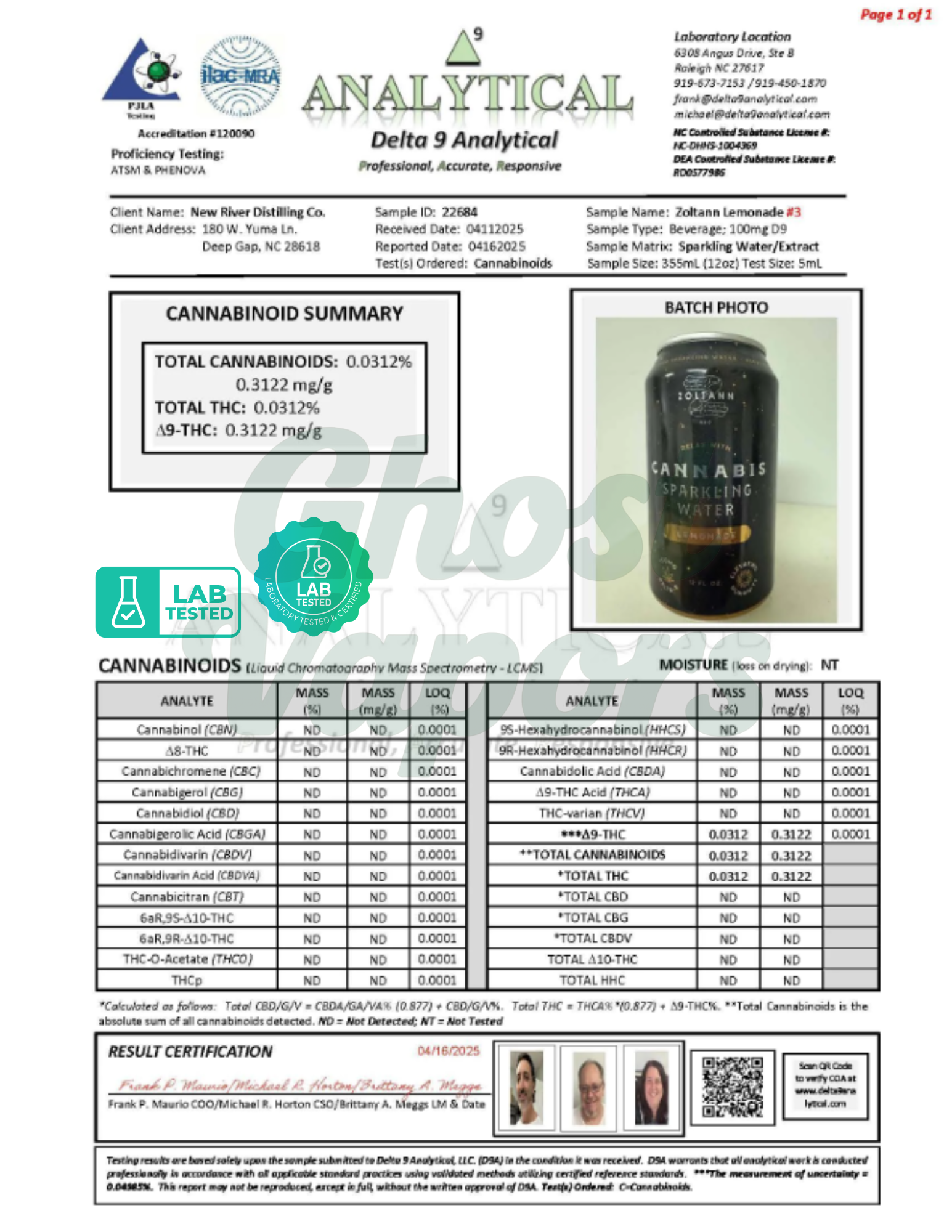 Lab test result for a cannabis product with batch photo and cannabinoid summary.