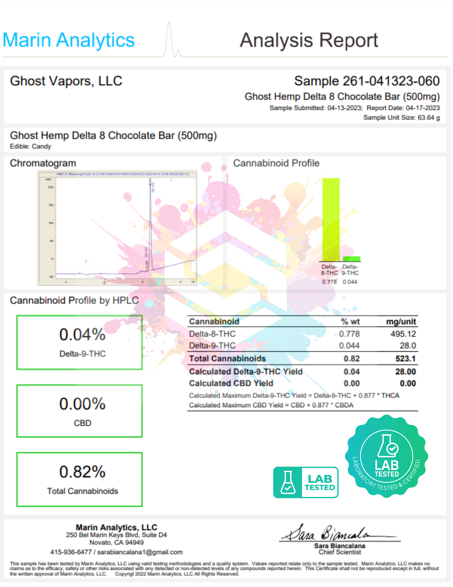 Ghost Hemp Delta 8 Chocolate Bar 500MG Marin Analytics Ghost Vapors 2023